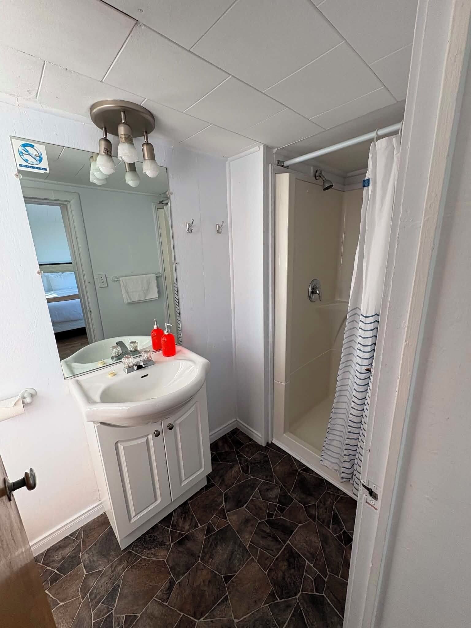 A bathroom with a white sink, mirror, and shower curtain.