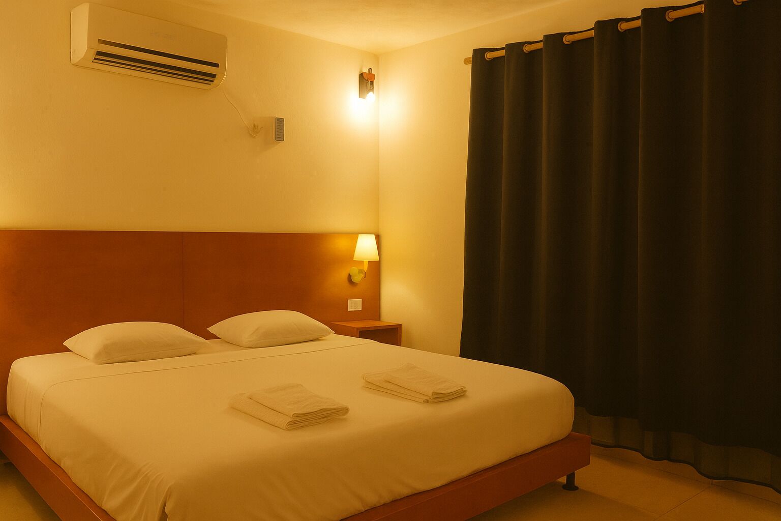A hotel room with a bed, a nightstand, a lamp, an air conditioning unit, and a curtain.