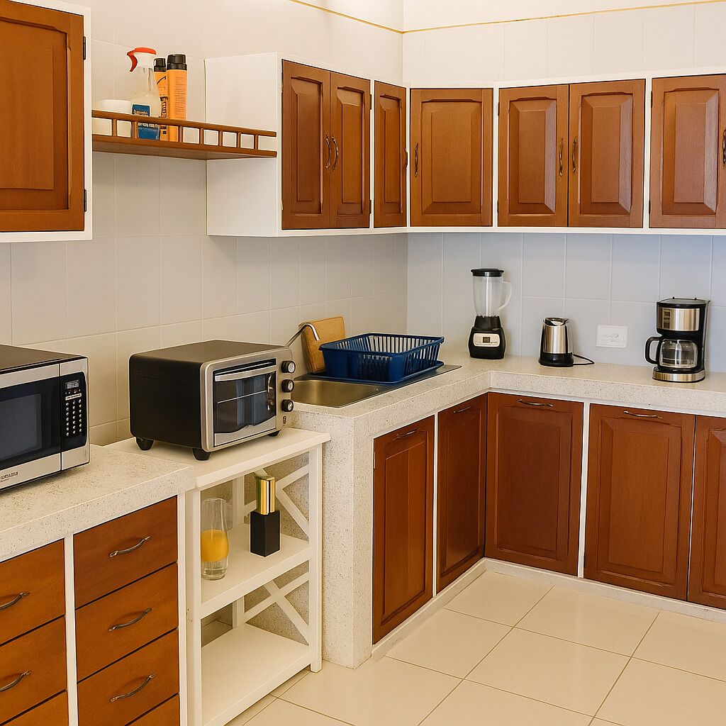 Coffee/tea maker, full-size fridge, microwave, oven
