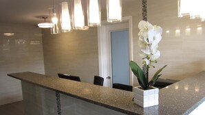 Zona de recepción con mostrador de granito, sillas negras, orquídea blanca en maceta e iluminación colgante.