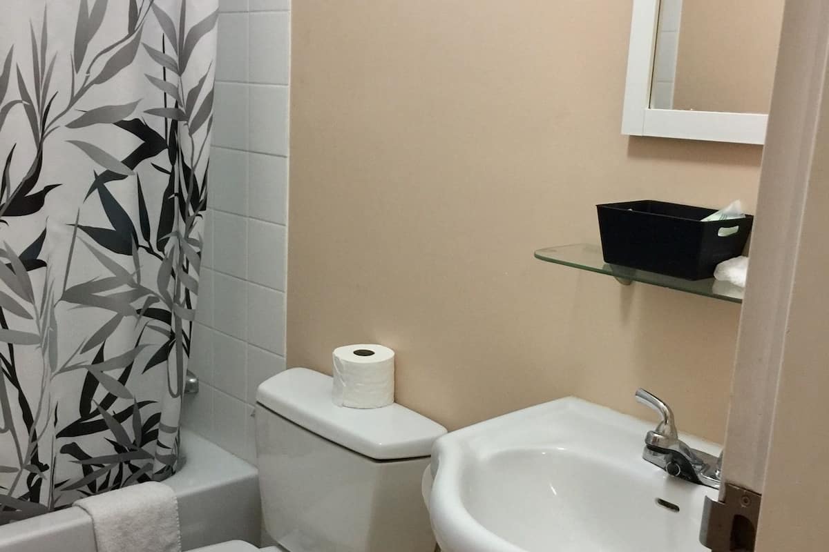 A bathroom with a toilet, sink, and shower curtain.