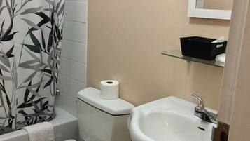 A bathroom with a toilet, sink, and shower curtain.