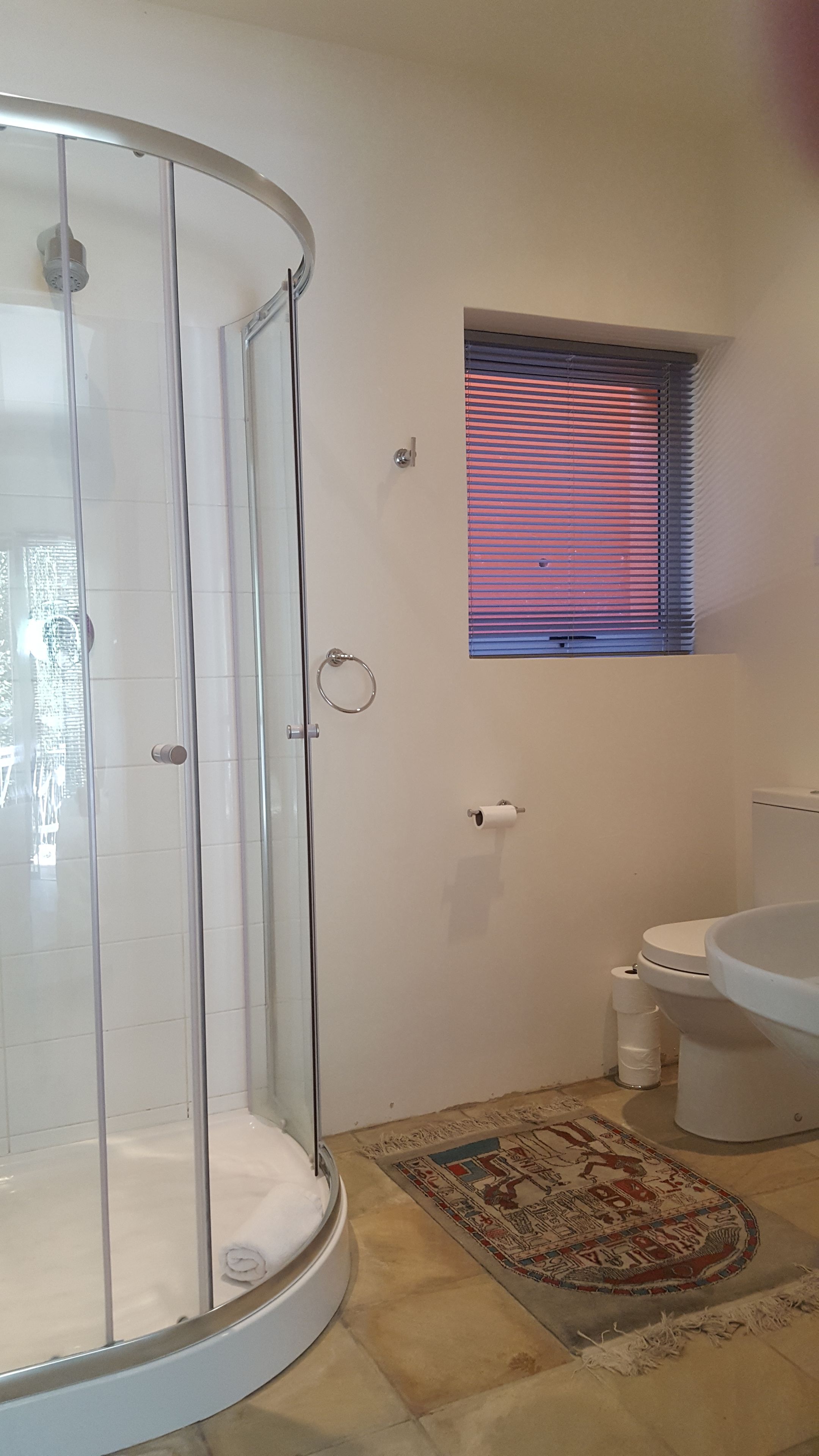 Un baño con cabina de ducha de vidrio, inodoro, bidé y ventana con persianas.