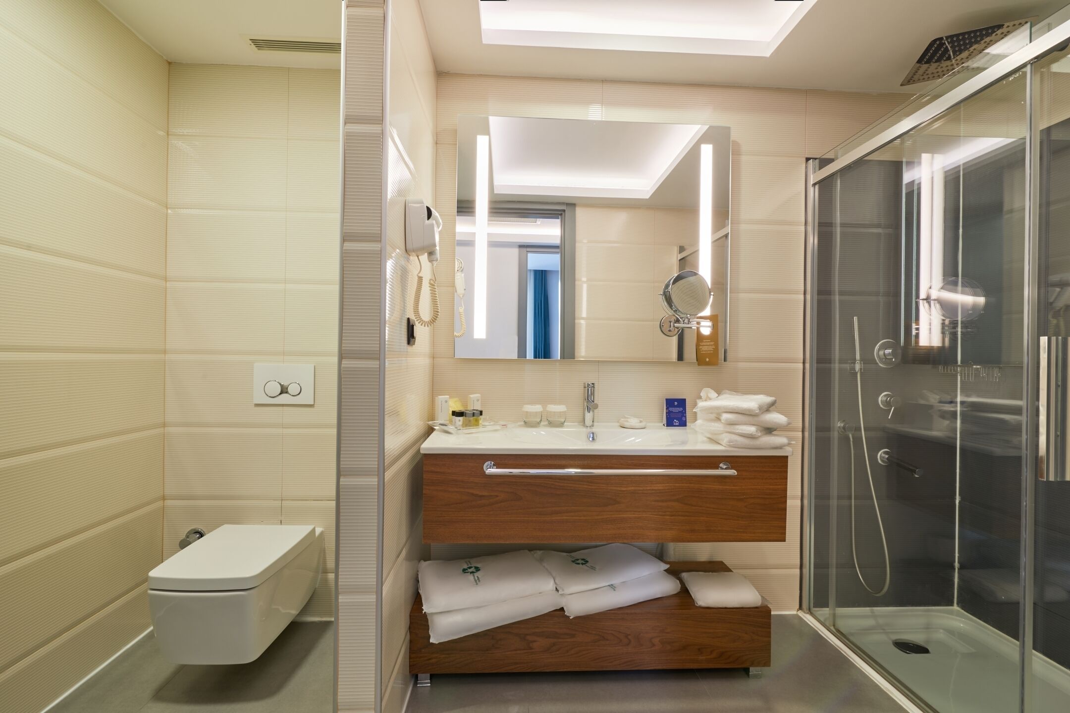 A modern bathroom with a toilet, vanity with a mirror, and a glass-enclosed shower.