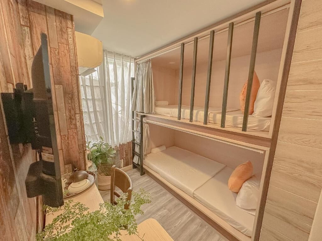 A room with bunk beds, a TV, a dining table with chairs, and a potted plant.