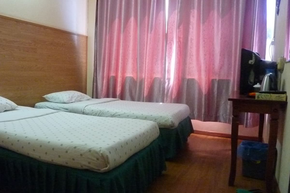 A hotel room with two single beds, a wooden headboard, a desk with a coffee maker, and a window with pink curtains.