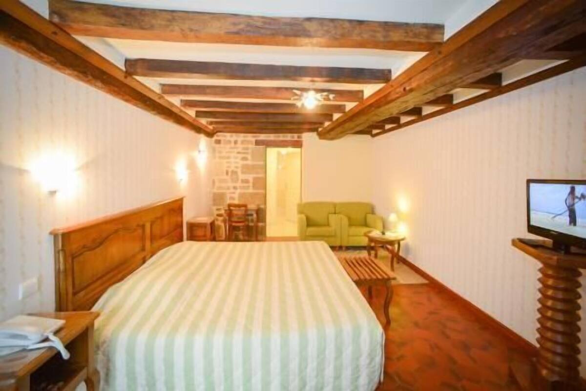 Une chambre à coucher avec un lit, une télévision, un canapé et une petite table.