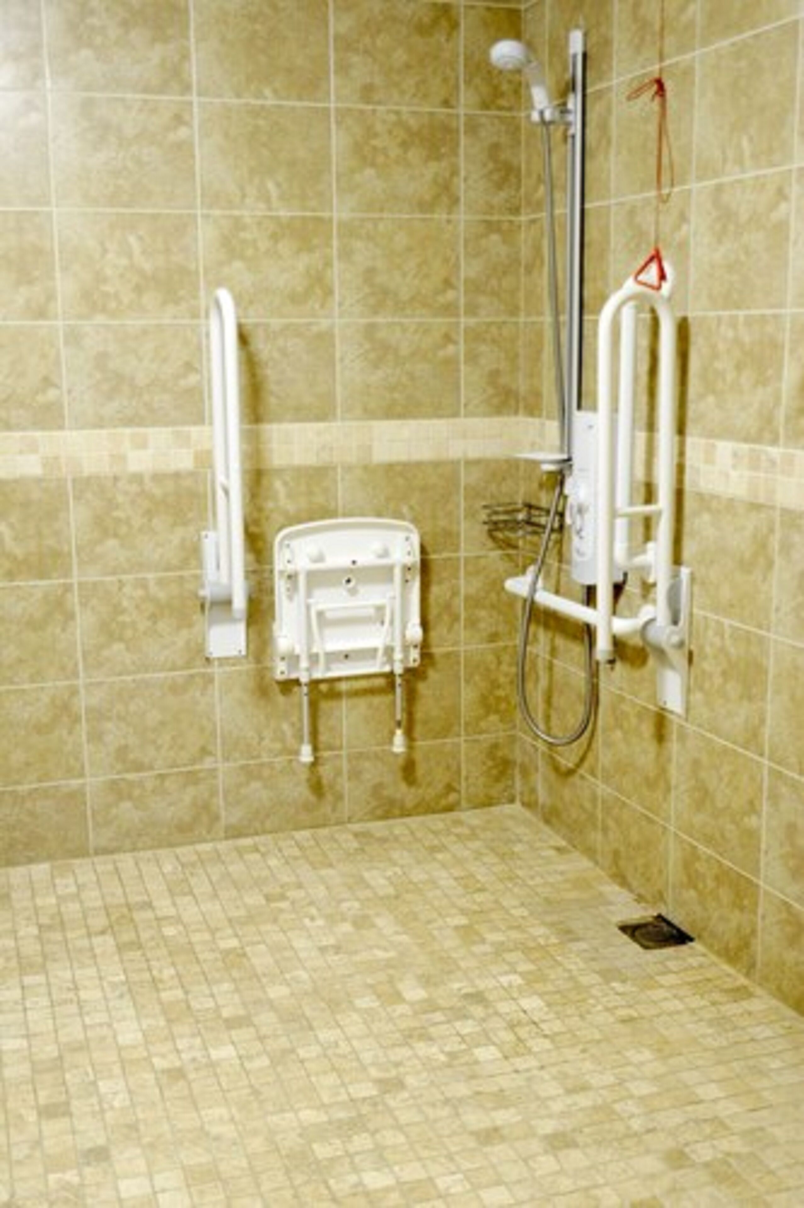 A small, tiled shower area with a handheld showerhead and a handheld shower control unit.