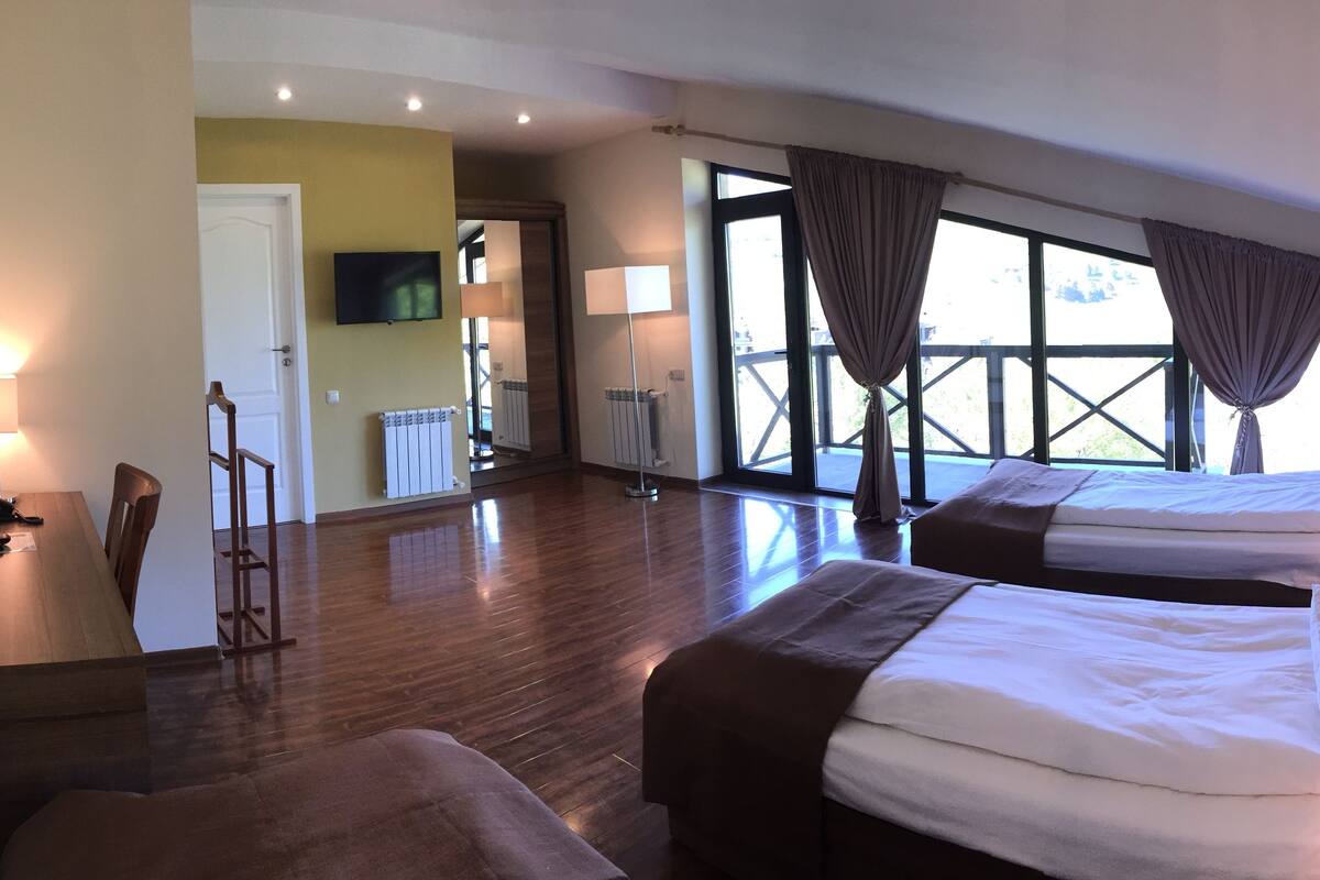 A hotel room with two beds, a wooden floor, a TV, and a view of the outdoors.
