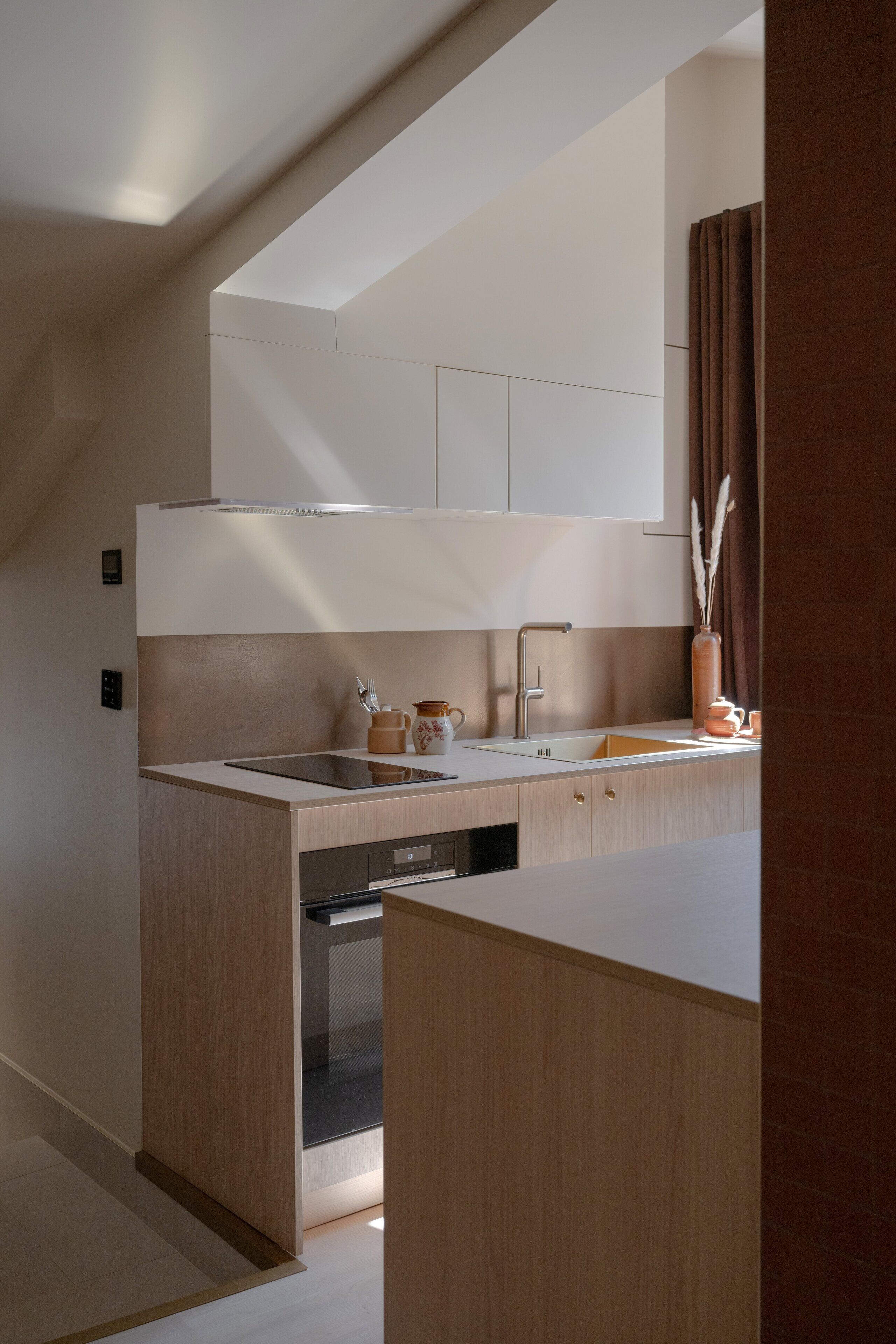 A modern kitchen with a built-in oven, a sink, and a countertop.