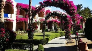 Een binnenplaats met palmbomen, een pad en een gebouw met roze bloemen en bogen.