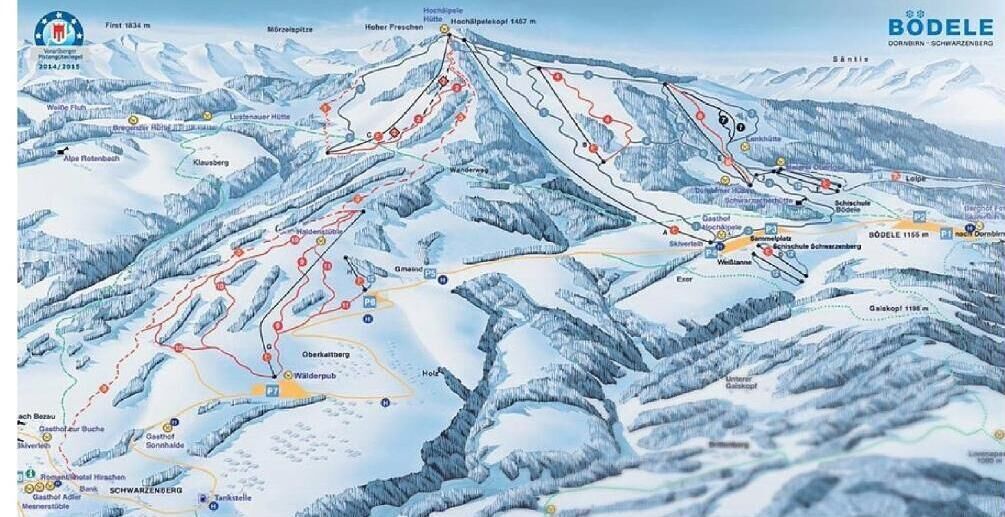 En detaljerad karta över skidområdet med markerade skidspår, liftar och viktiga platser som Bodele och Hohsli.