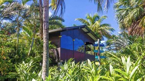 A tropical setting with a palm tree and a building with a blue roof. - Piton Bungalows Ecolodges (Deshaies)
