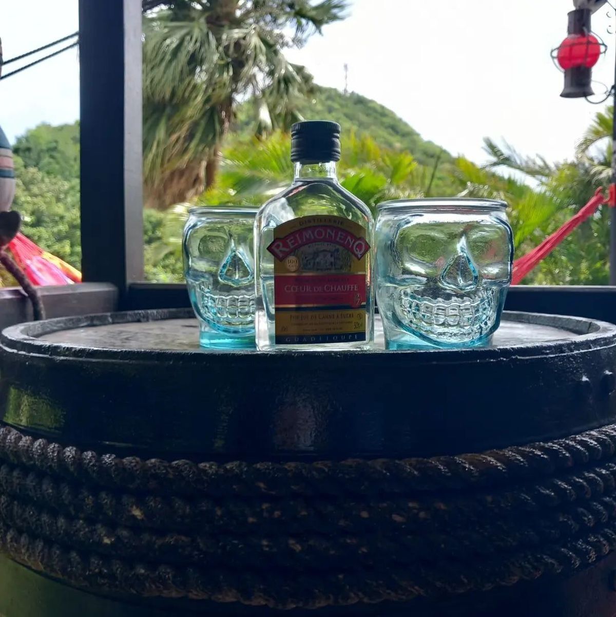 Une bouteille de Reimonné Côtes de Chaufille et deux verres sur une table ronde, avec vue sur la verdure environnante.
