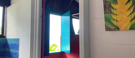 A room with a red wall, a blue door, and a window with a view of greenery outside.