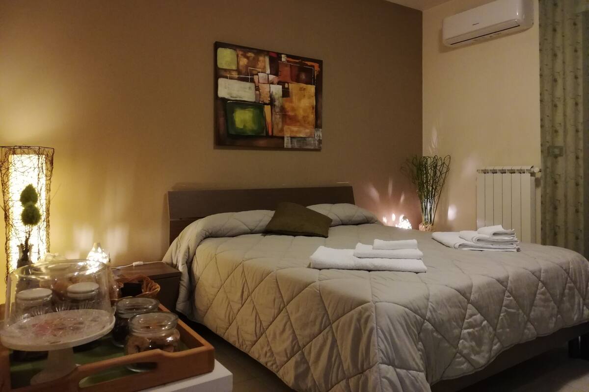 Habitación de hotel con cama, aire acondicionado mural, radiador y un cuadro.