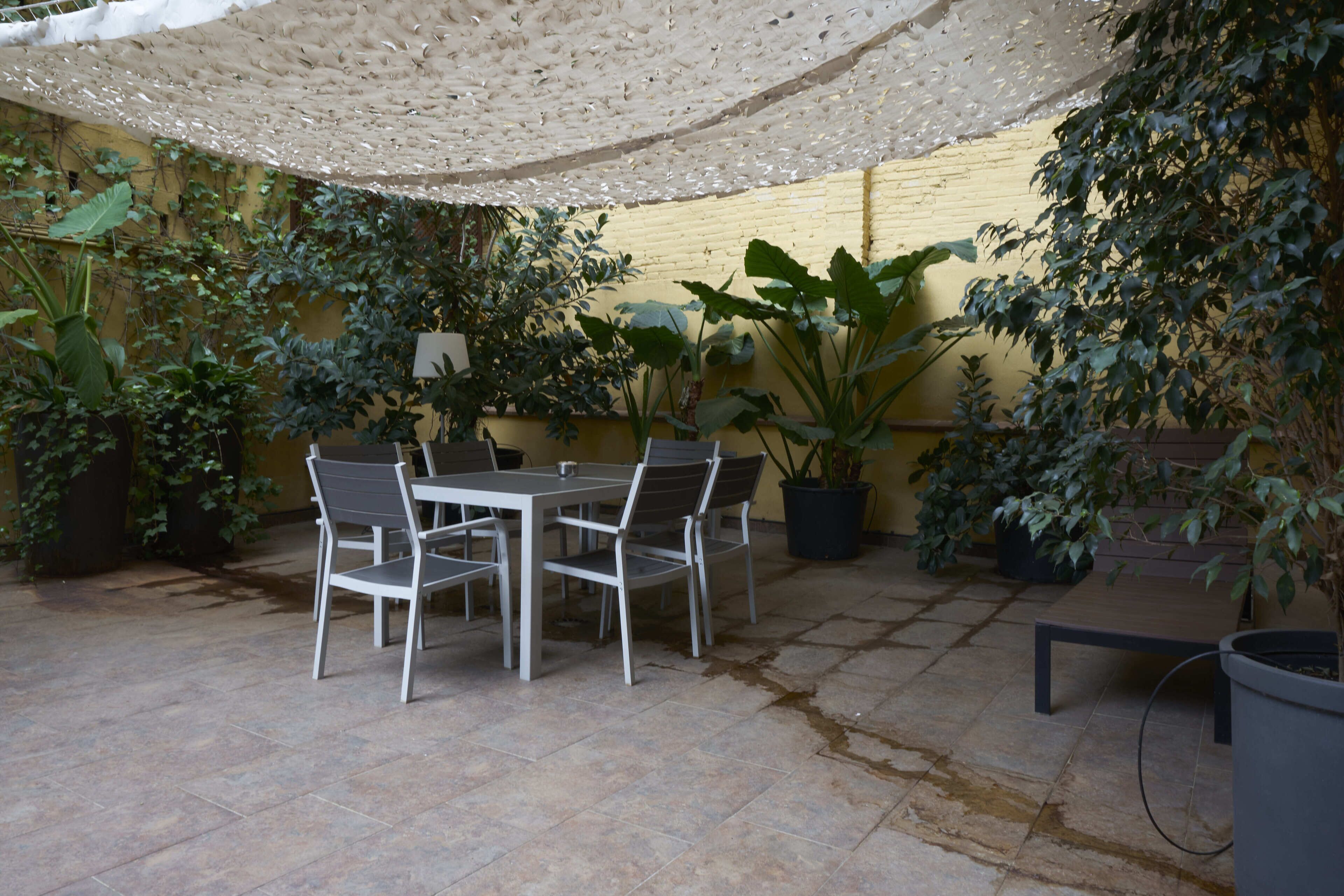 Un patio al aire libre con una mesa y sillas, rodeado de macetas con plantas y una pared amarilla.