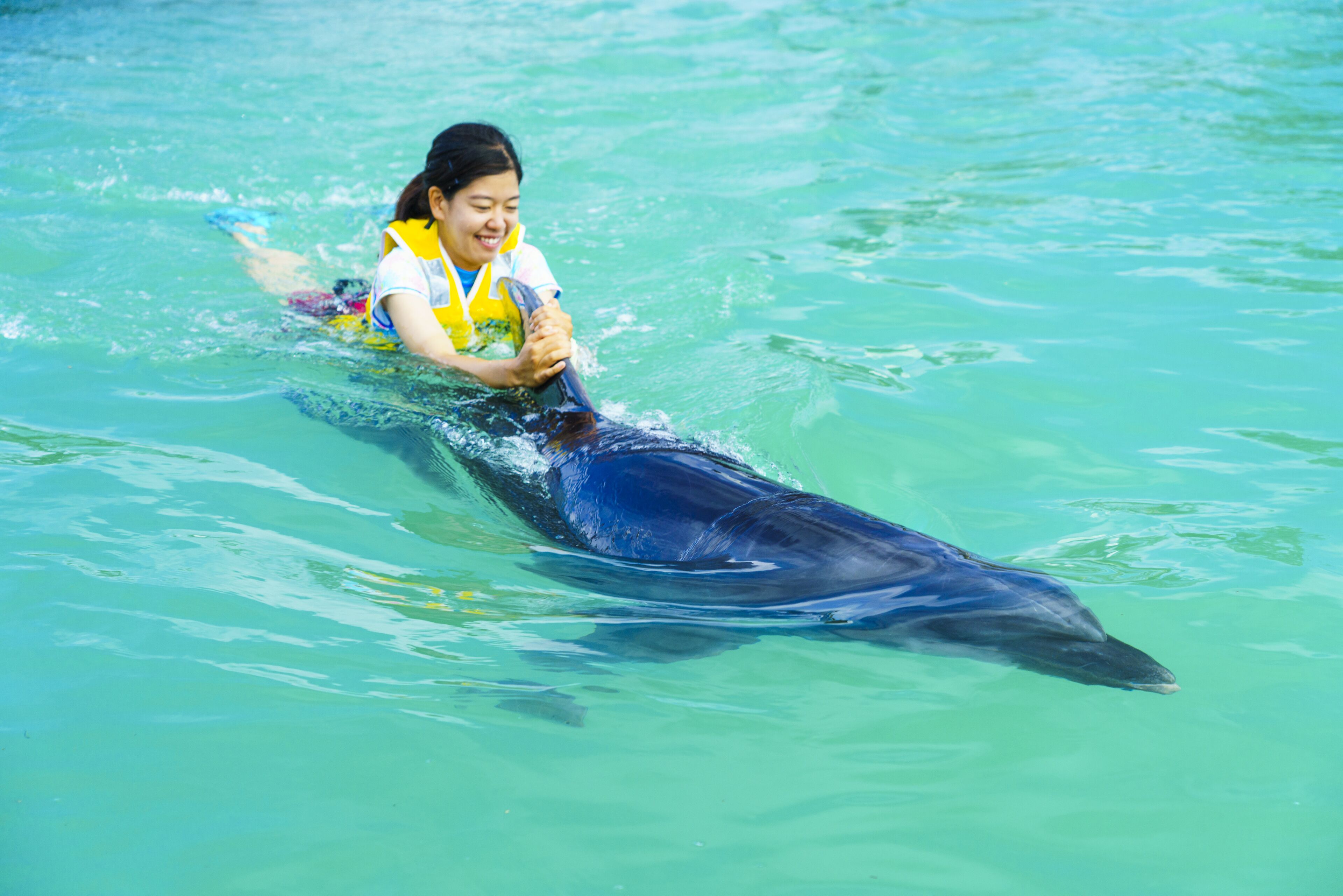 A person in a yellow life jacket swimming with a dolphin in clear blue water.