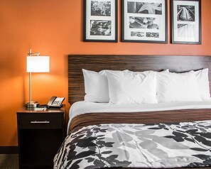 A hotel room with a bed, a nightstand with a lamp, a phone, and framed pictures on the wall.