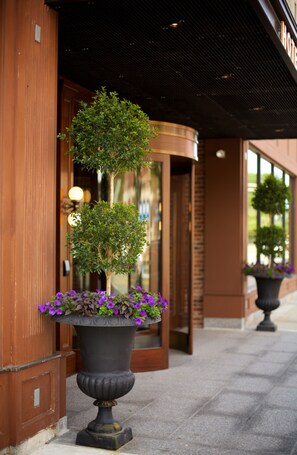 A building entrance with a large planter with purple flowers and a small tree. - Hotel On North (Pittsfield)