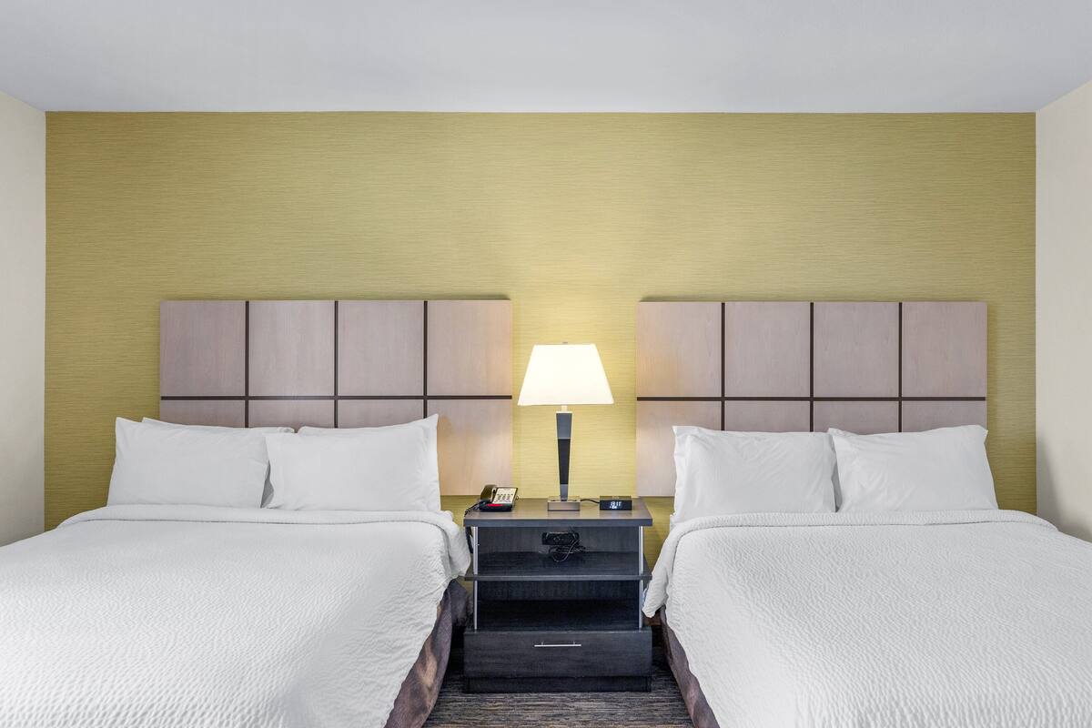 Una habitación de hotel con dos camas, una mesita de noche con lámpara y un cajón pequeño.