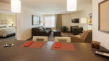 Desk, laptop workspace, blackout curtains, iron/ironing board