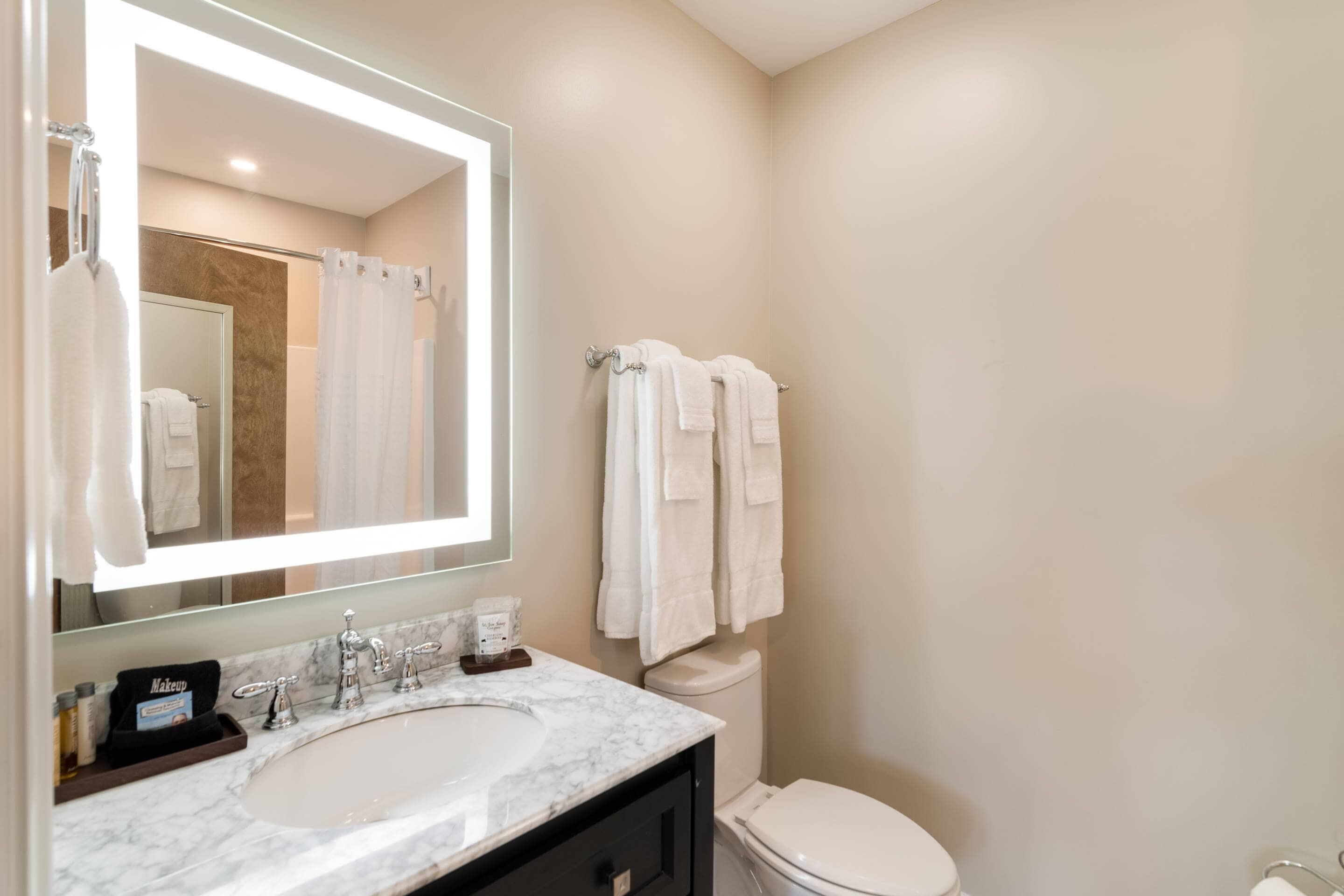A bathroom with a marble sink, a mirror, a toilet, and a towel rack.