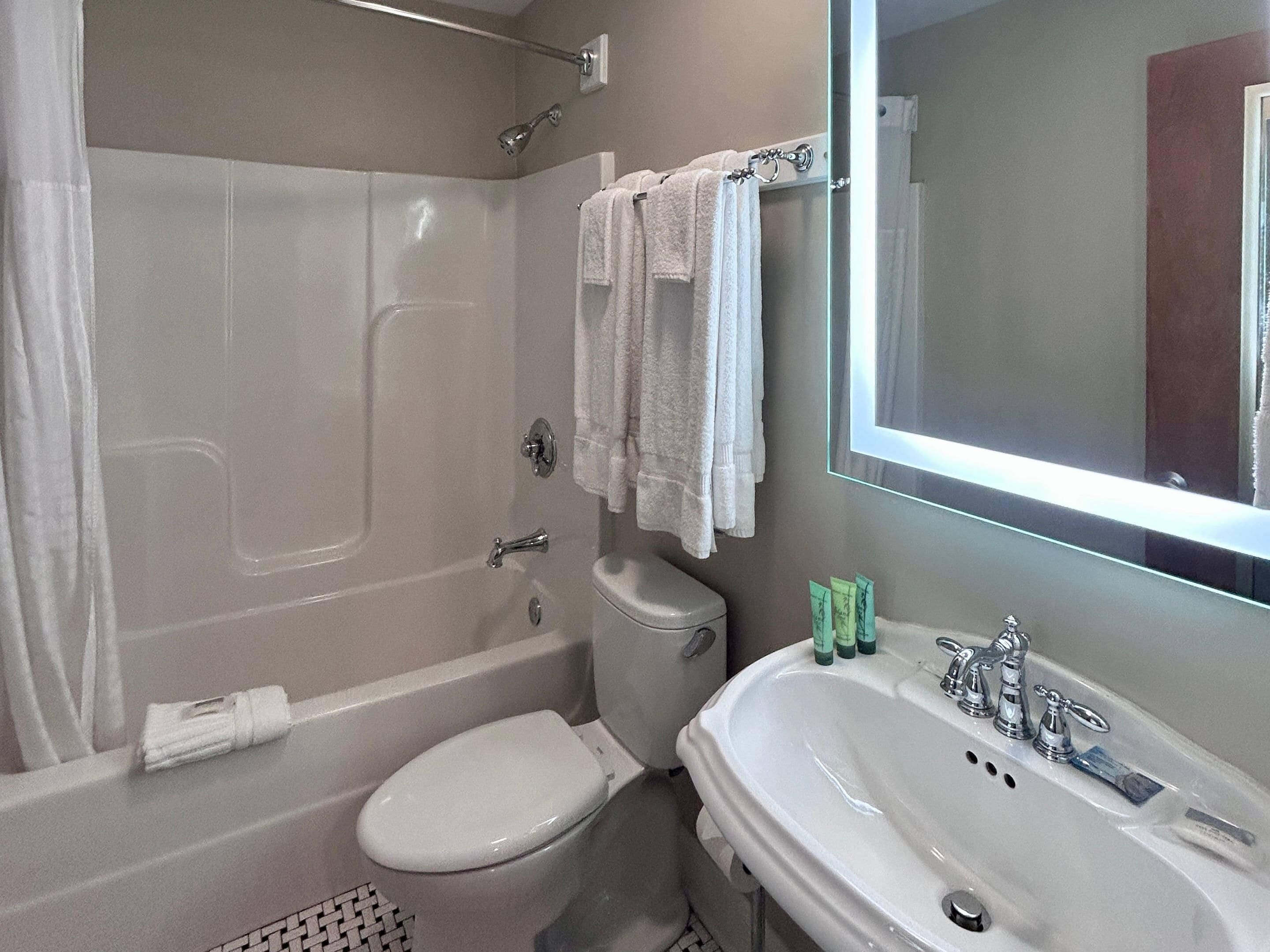 Un baño con bañera, inodoro, lavamanos y espejo.