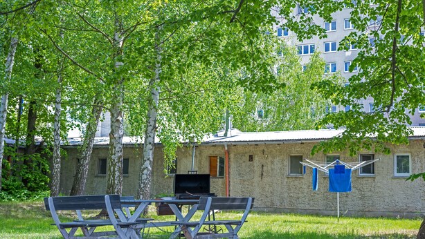 A rustic outdoor seating area with a wooden bench and table, surrounded by lush green trees. - Pension Schwalbenweg (Schoenefeld)
