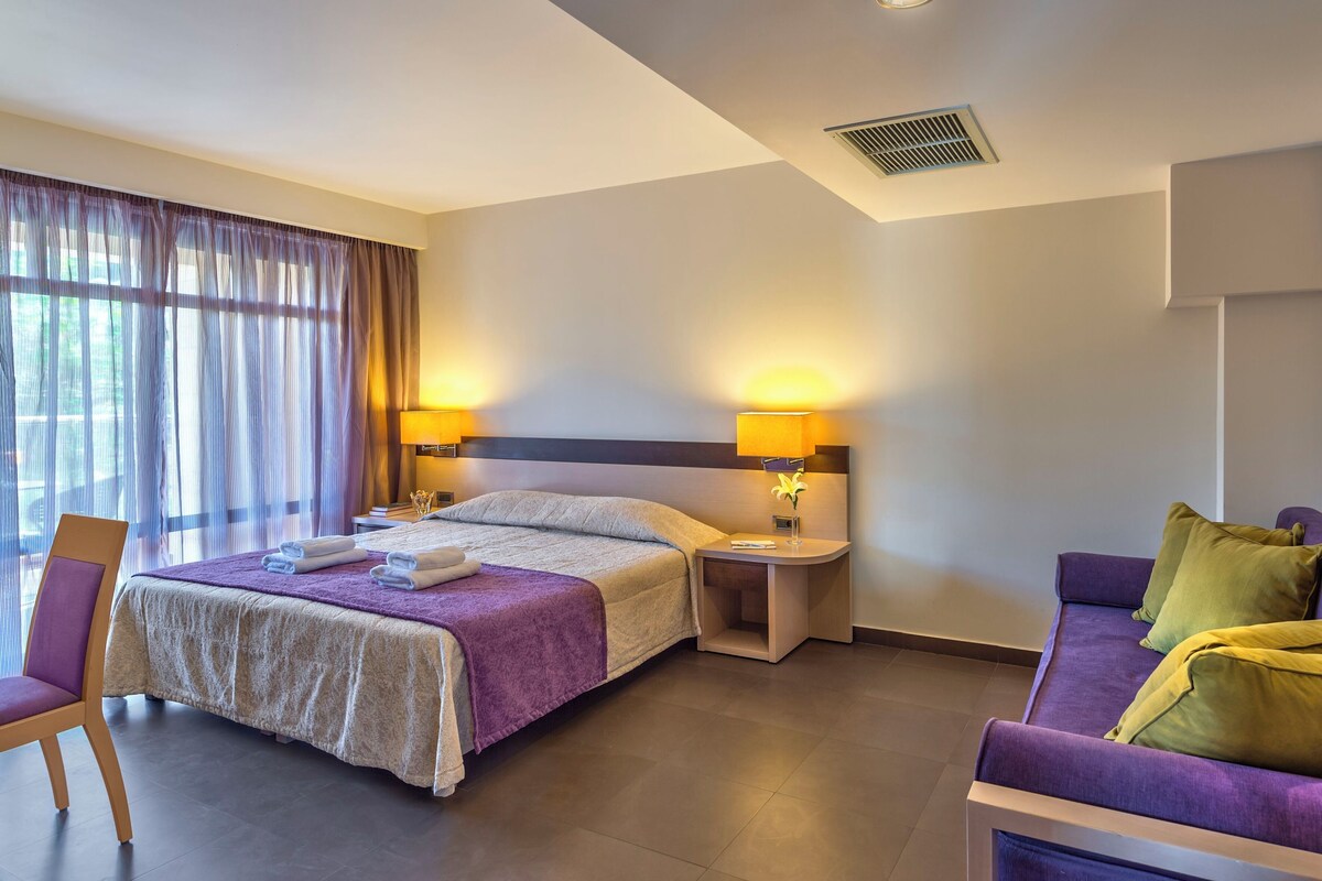 Una habitación de hotel con cama, dos lámparas de noche, un sofá, una silla y un cuadro en la pared.