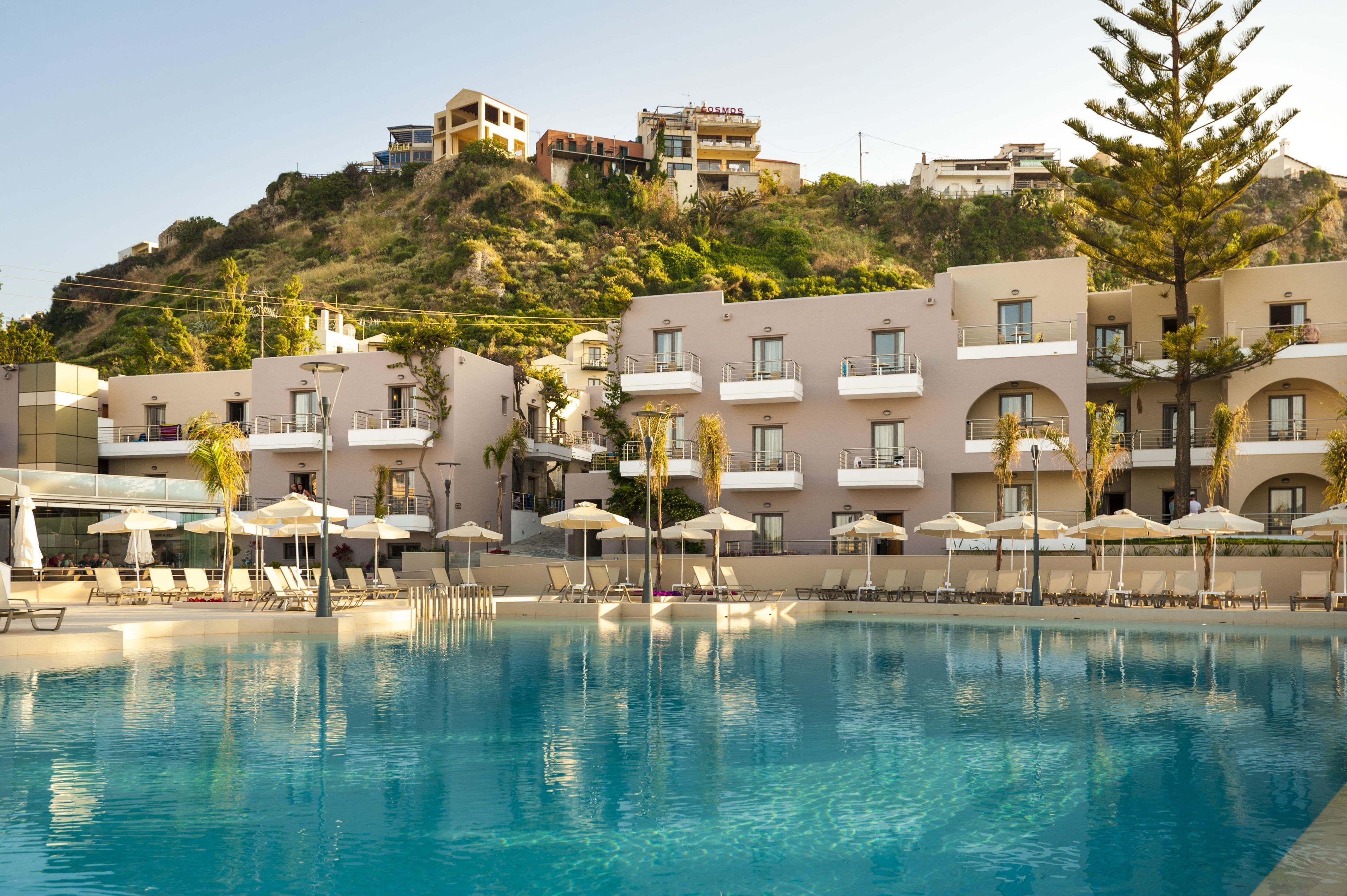 Outdoor pool, pool umbrellas, pool loungers