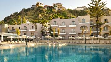 Outdoor pool, pool umbrellas, pool loungers