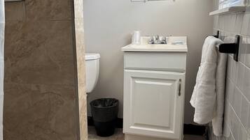 Baño con ducha, inodoro, lavamanos y espejo.