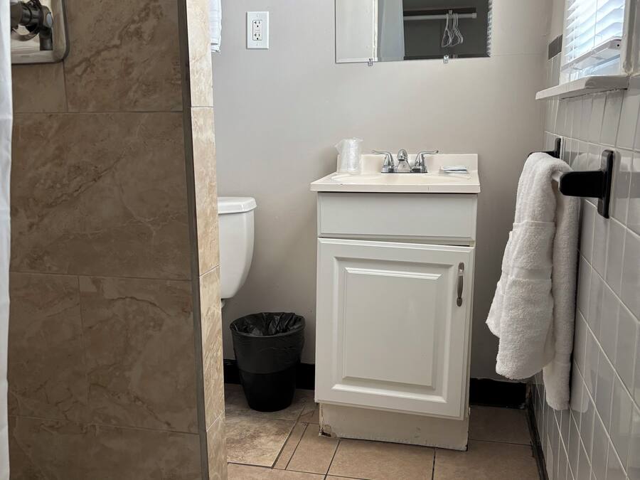 A bathroom with a shower, toilet, sink, and a mirror.