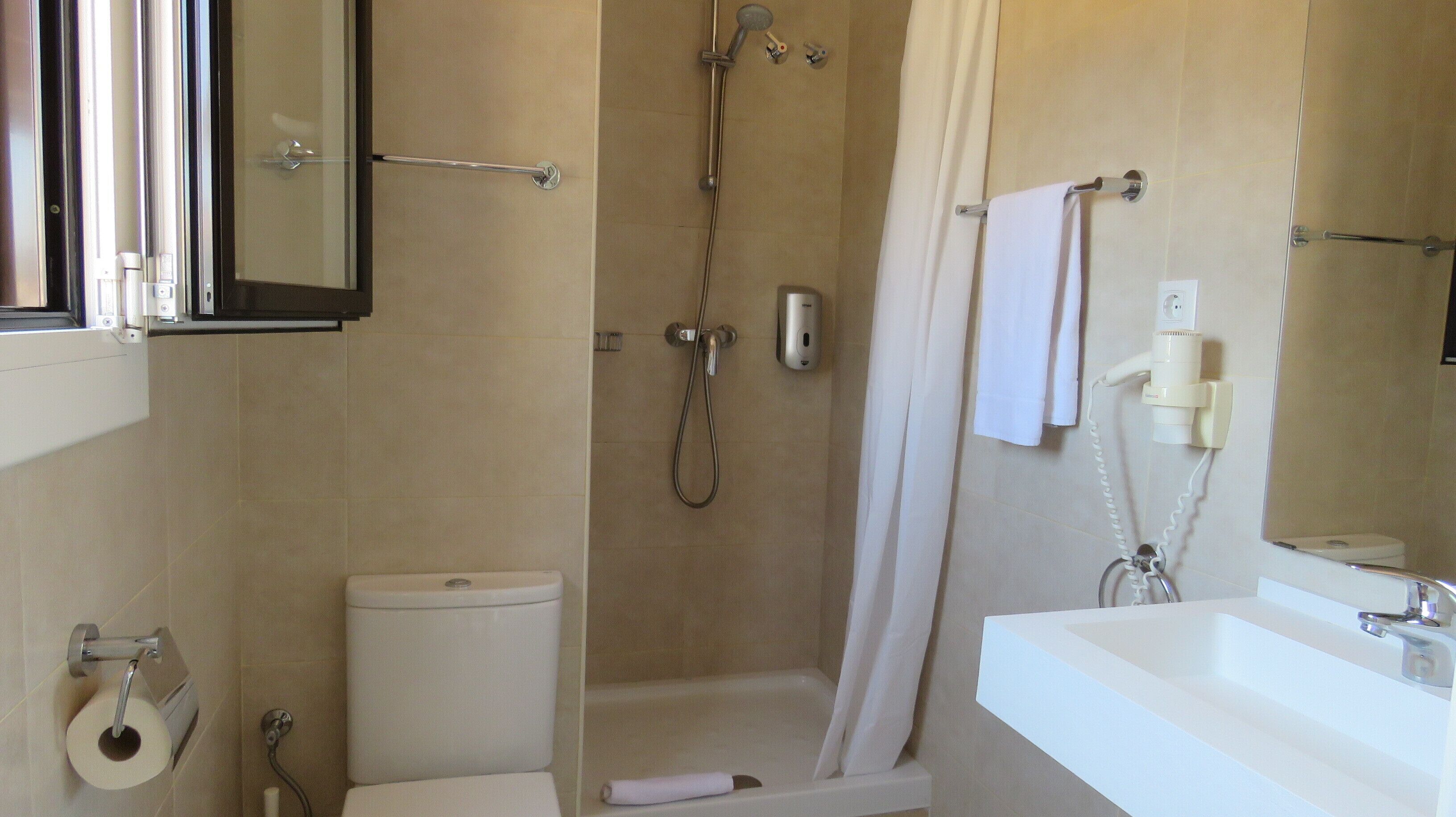 A bathroom with a shower, toilet, sink, and a mirror.