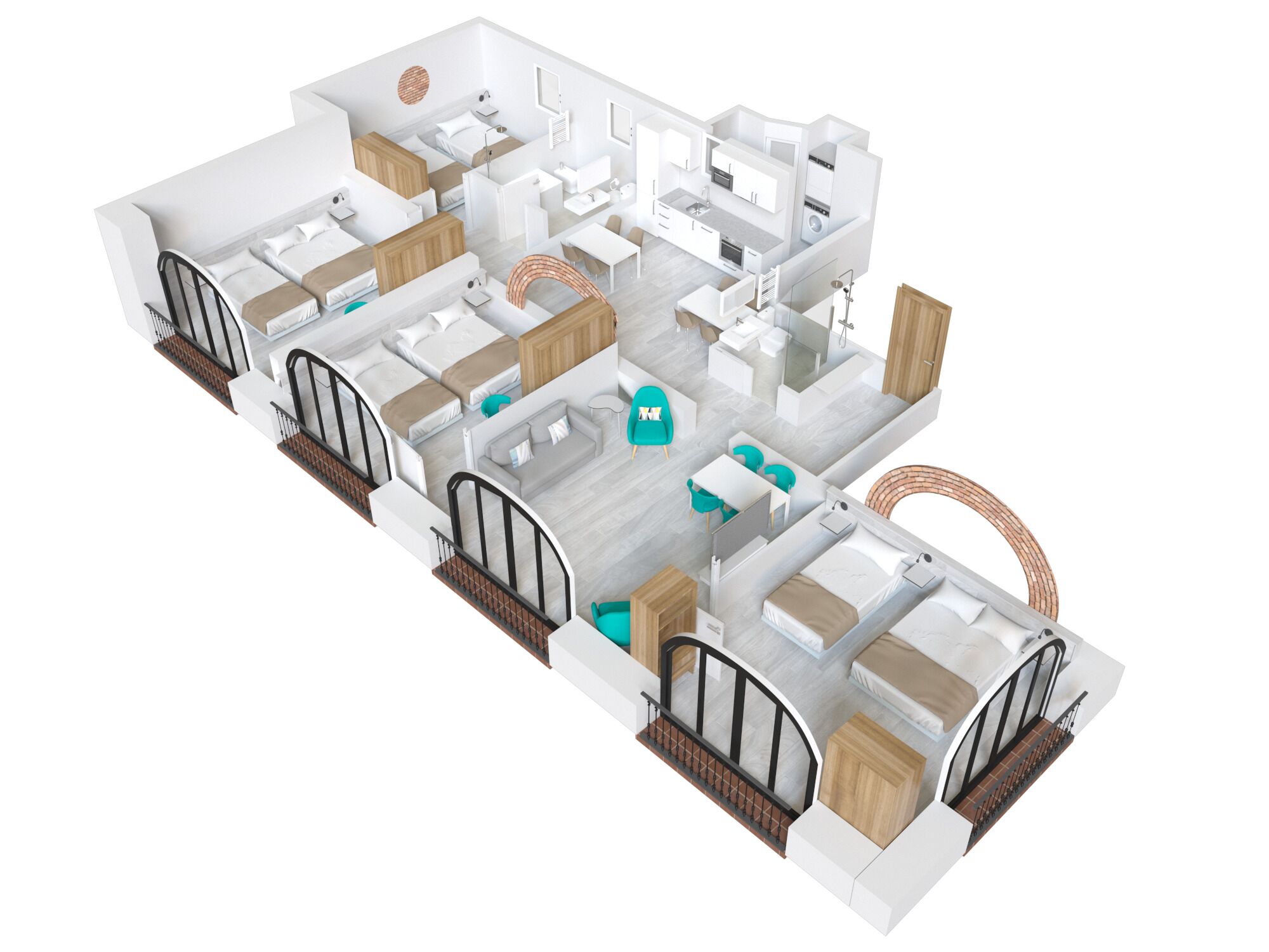 Een driedimensionale plattegrond van een modern appartement met keuken, eetruimte, twee slaapkamers, een badkamer en een woonkamer.