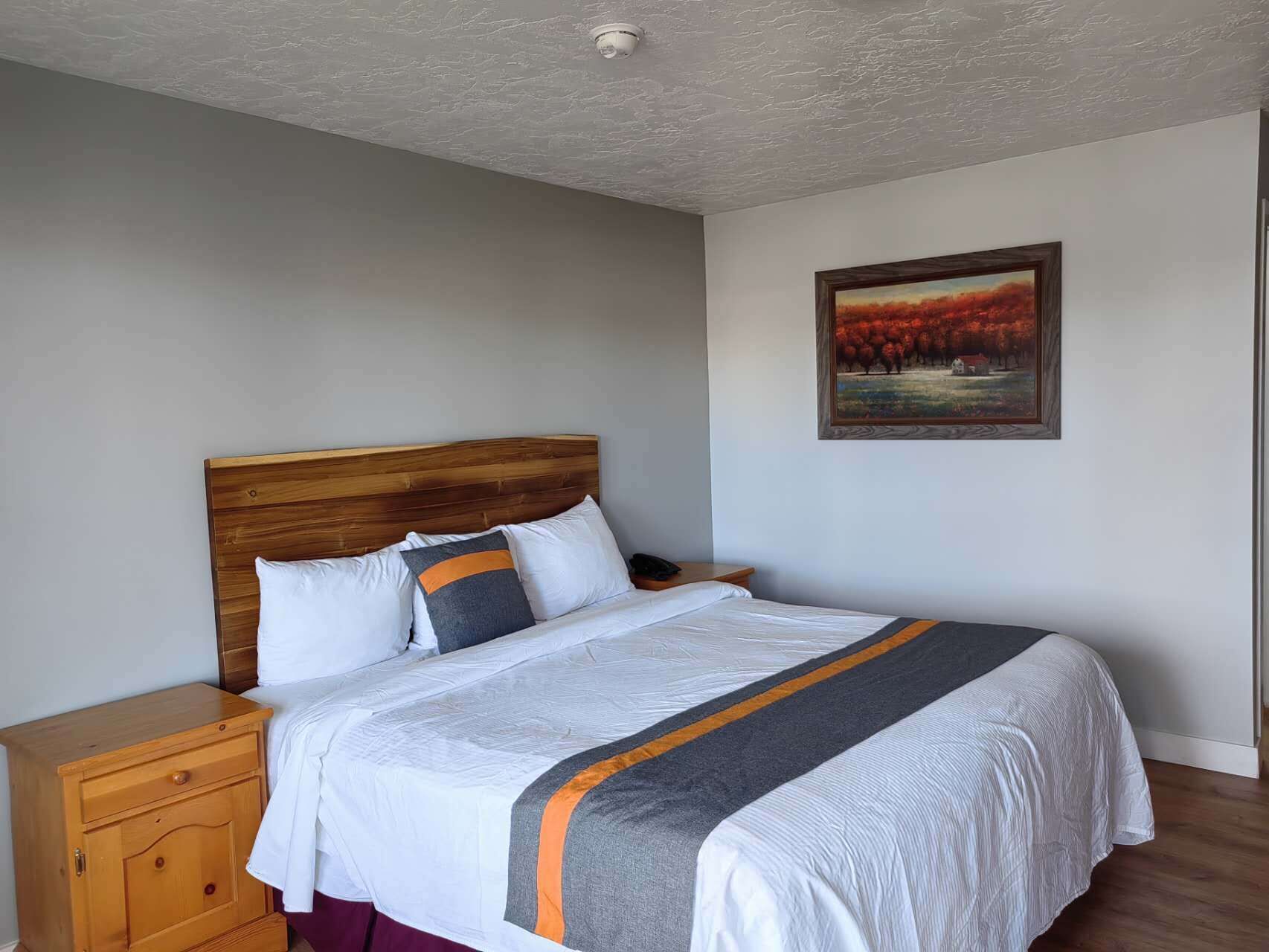A neatly made bed with a wooden headboard, a nightstand with a drawer, and a painting on the wall.
