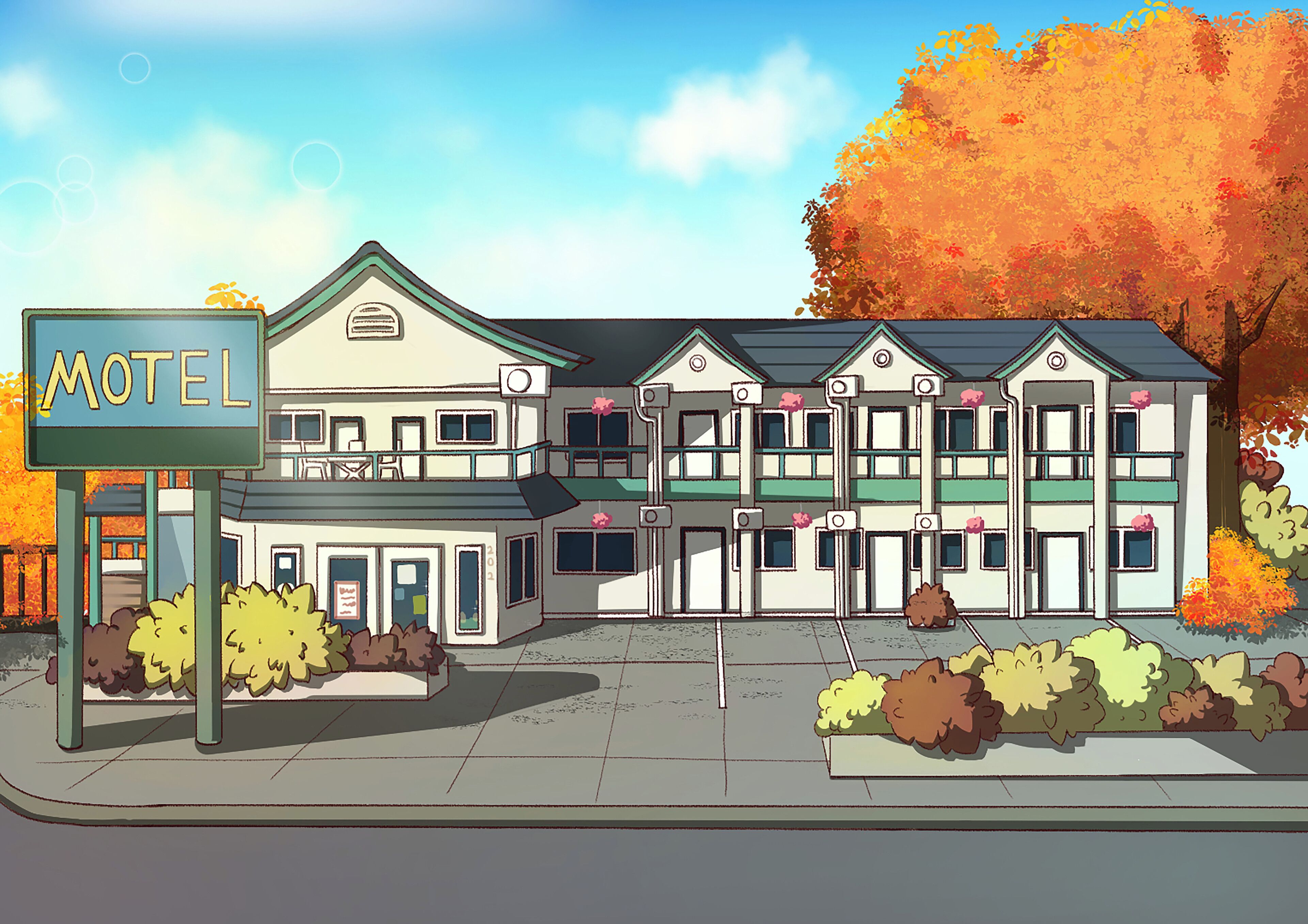 A motel with a sign, multiple floors, and a parking lot.