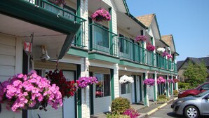 Una hilera de edificios blancos con barandillas verdes y balcones decorados con macetas colgantes de flores.