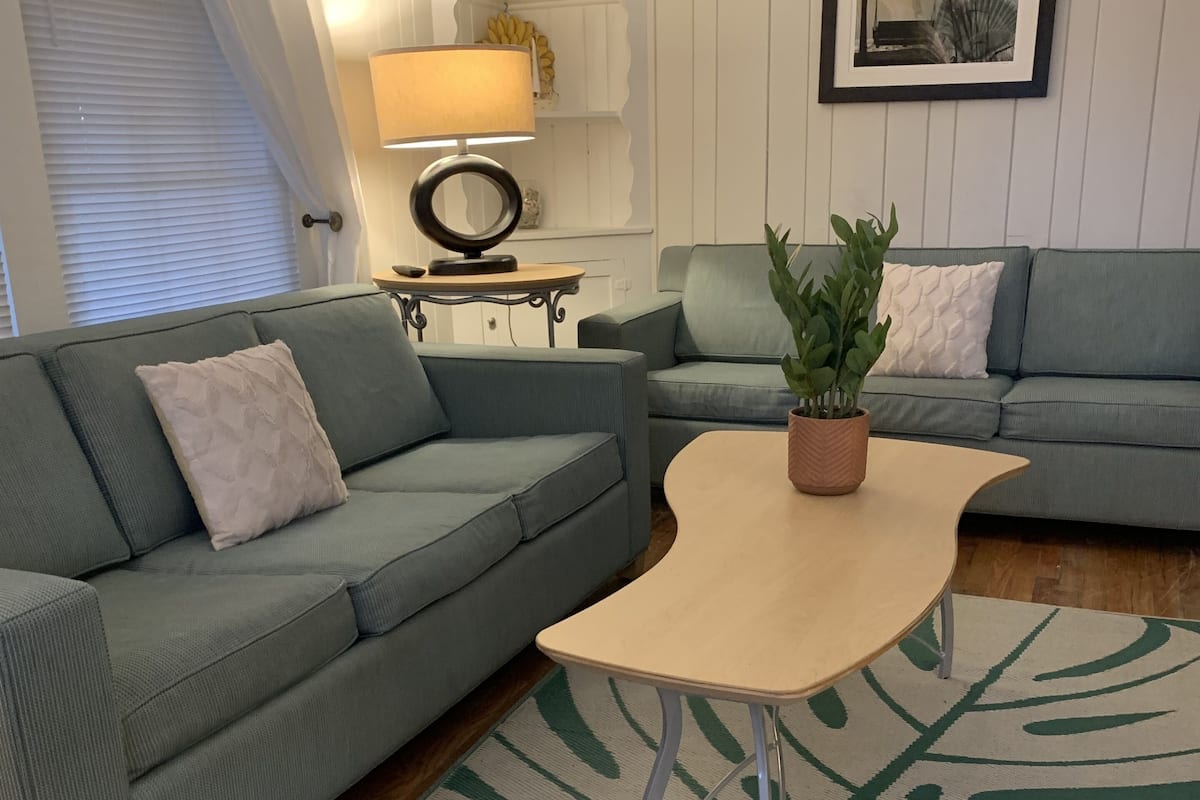 A living room with a green sofa, a wooden coffee table, and a green and white patterned rug.