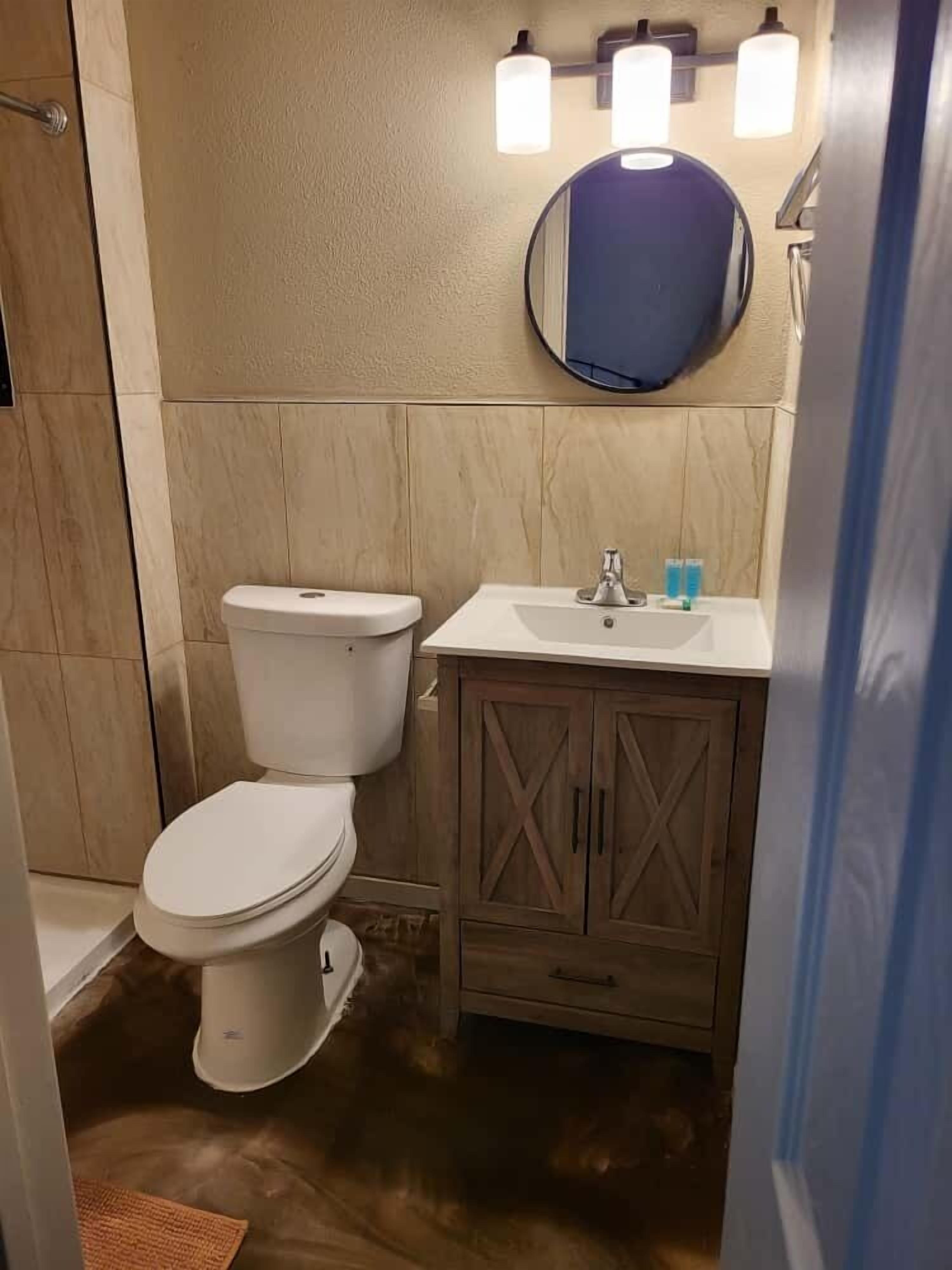 Une salle de bain avec des toilettes, un lavabo et un miroir.