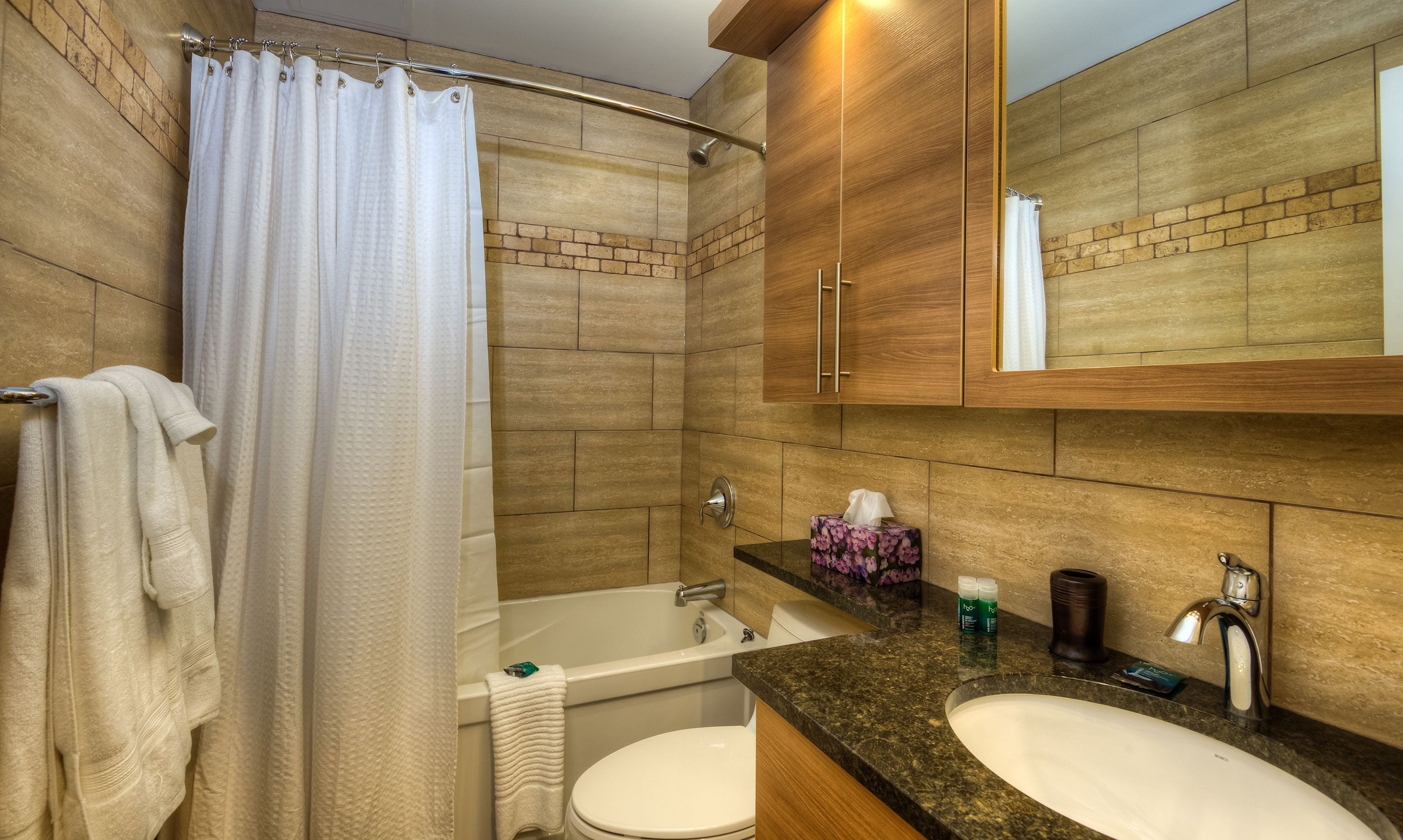 combined shower/bathtub, designer toiletries, hair dryer, bathrobes