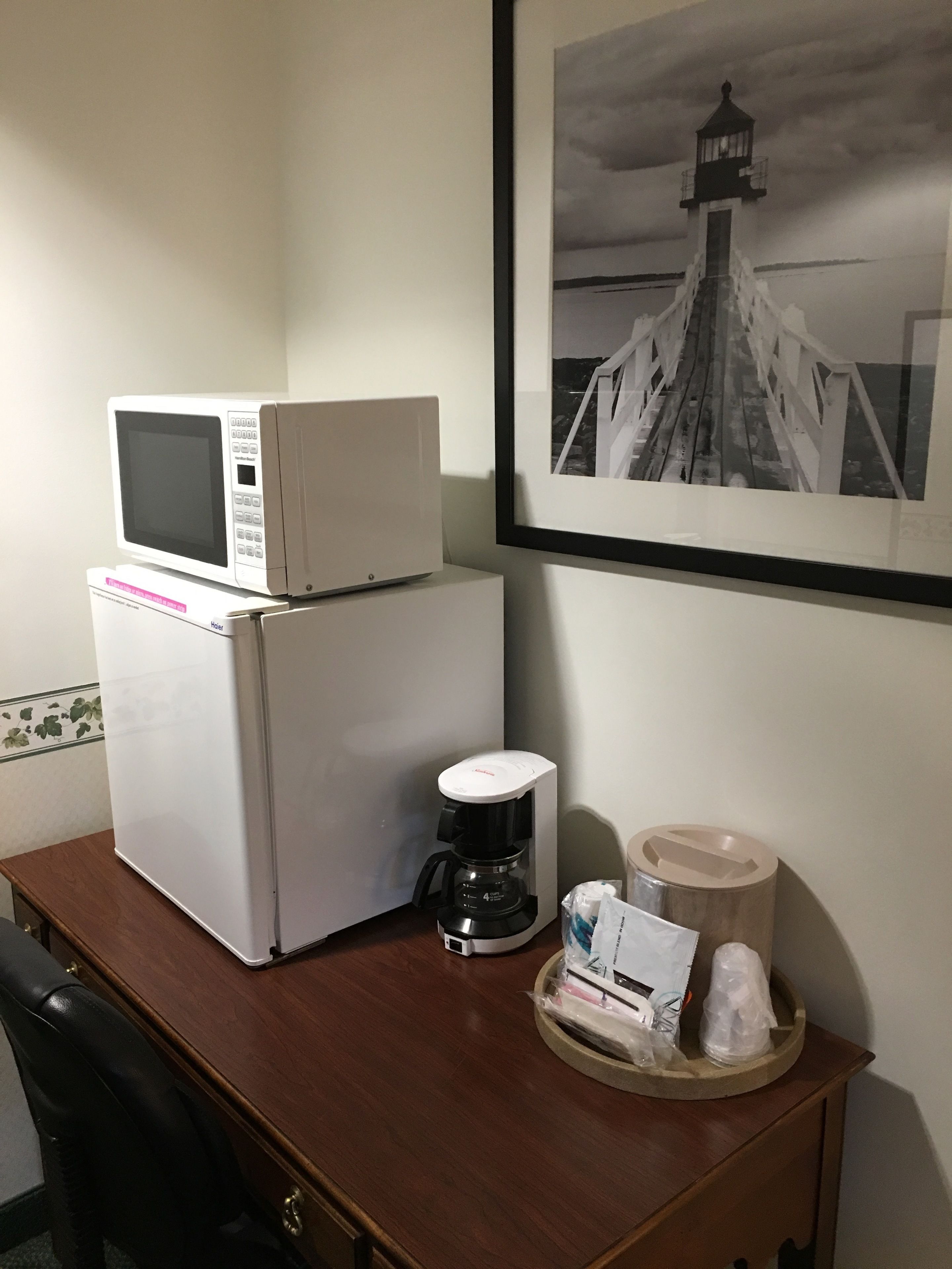 mini-fridge, microwave, coffee/tea maker