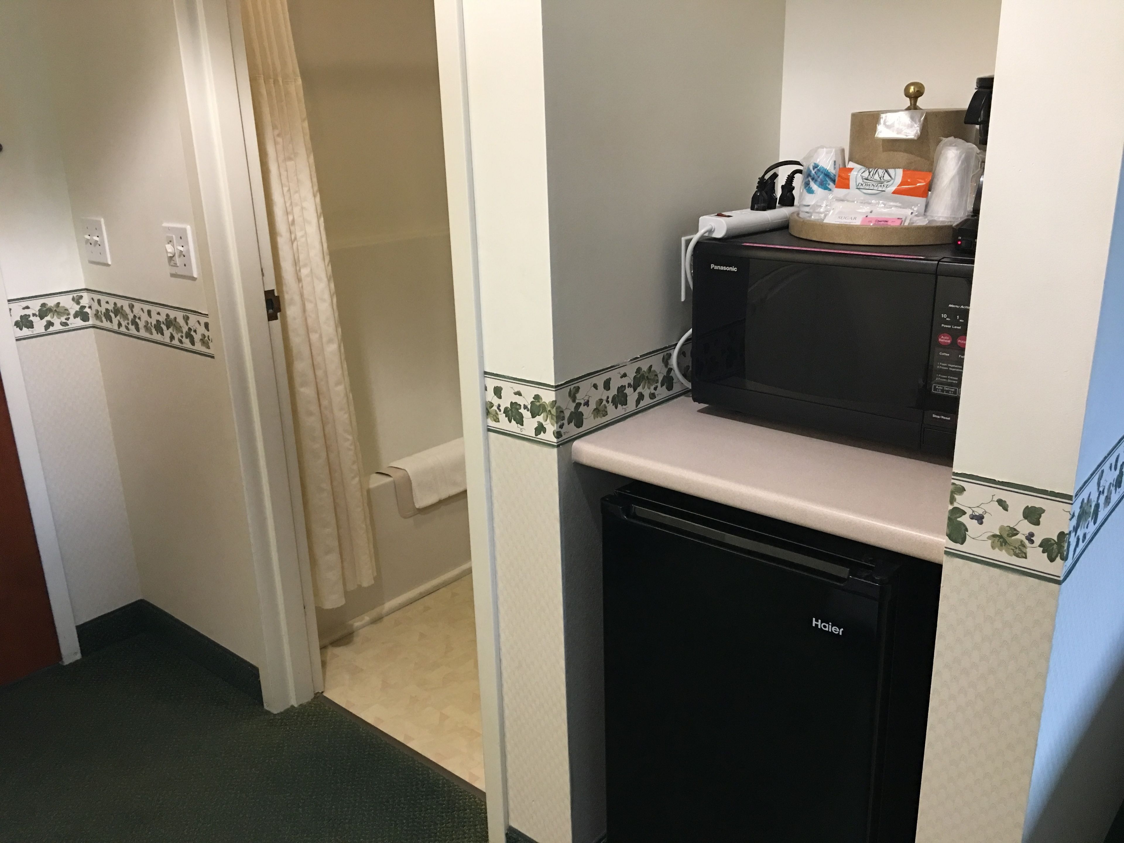 mini-fridge, microwave, coffee/tea maker