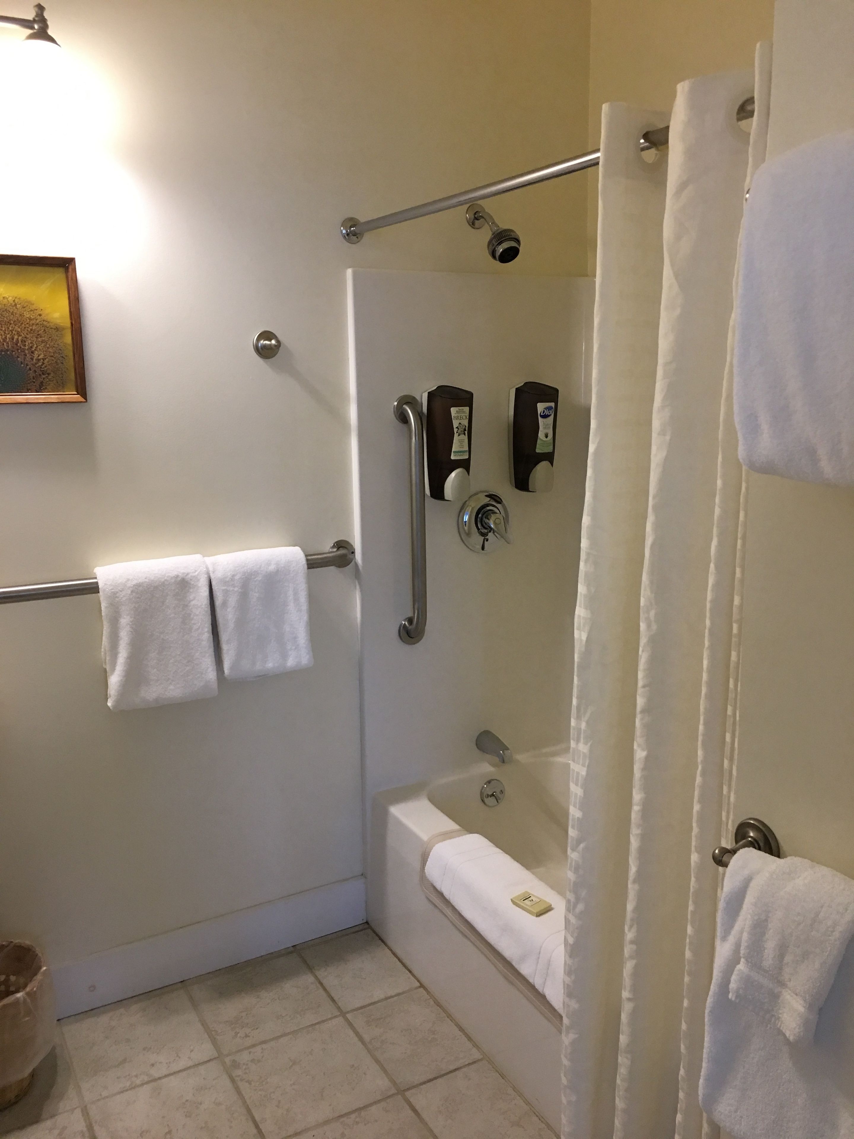 A bathroom with a shower, a bathtub, and a toilet. There are two towels hanging on a rack, and a hand dryer is mounted on the wall.