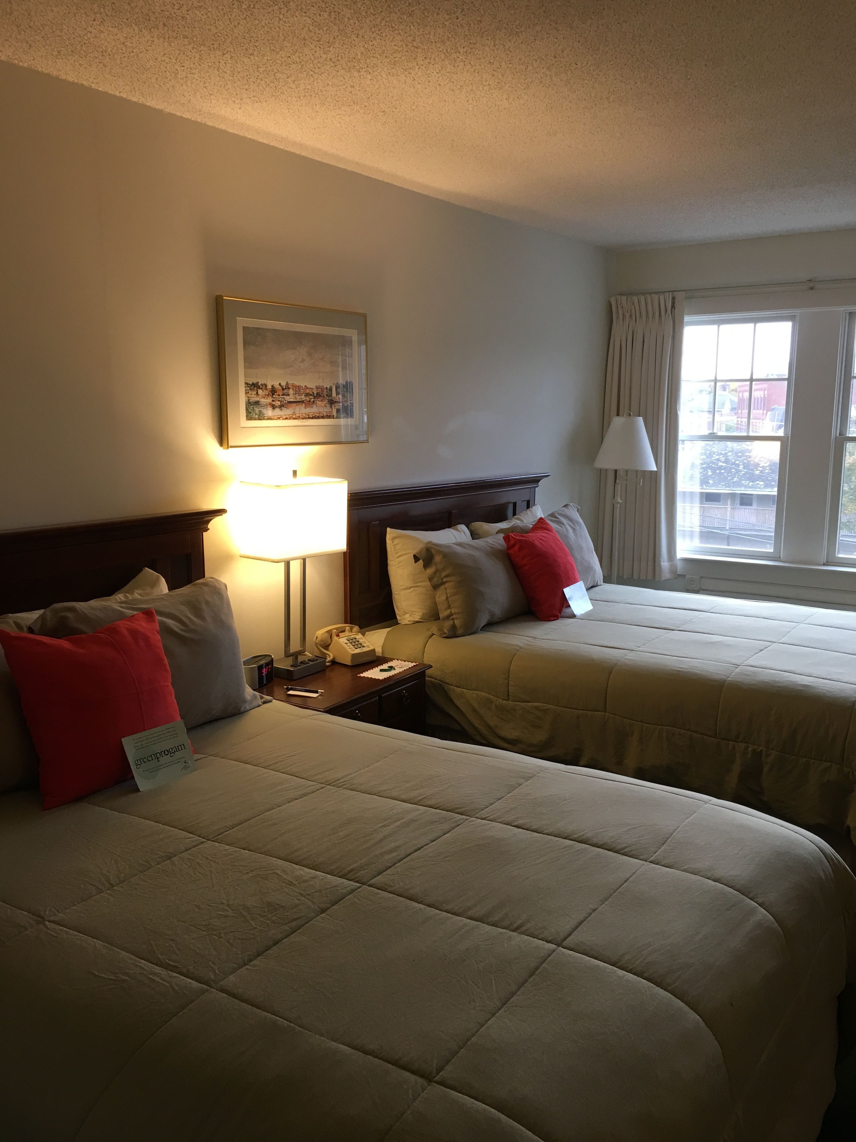 A hotel room with two beds, a nightstand with a telephone, a framed picture on the wall, and a window with curtains.