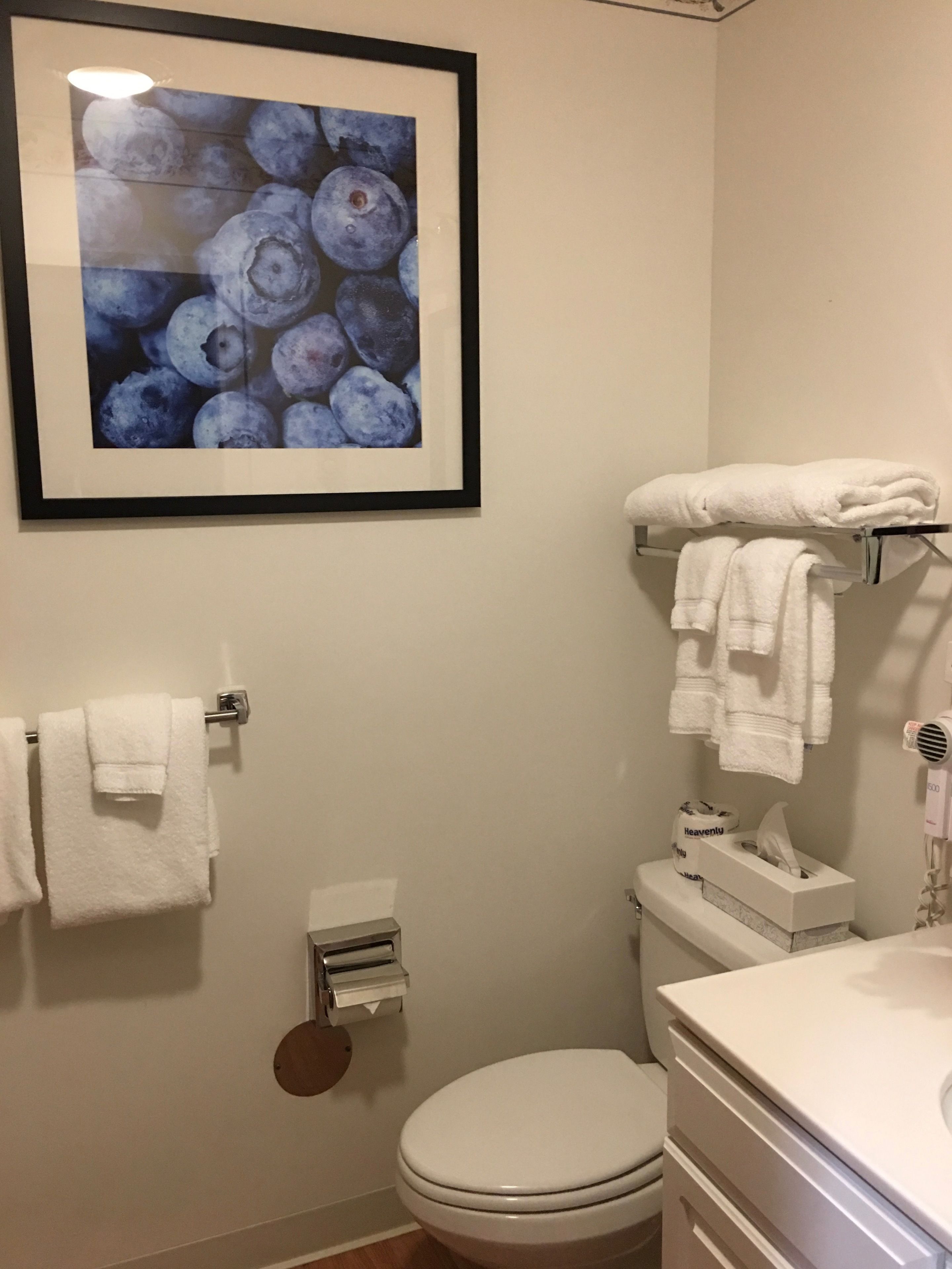 Une salle de bain comprenant des toilettes, un lavabo, un porte-serviettes et un tableau représentant des myrtilles accroché au mur.