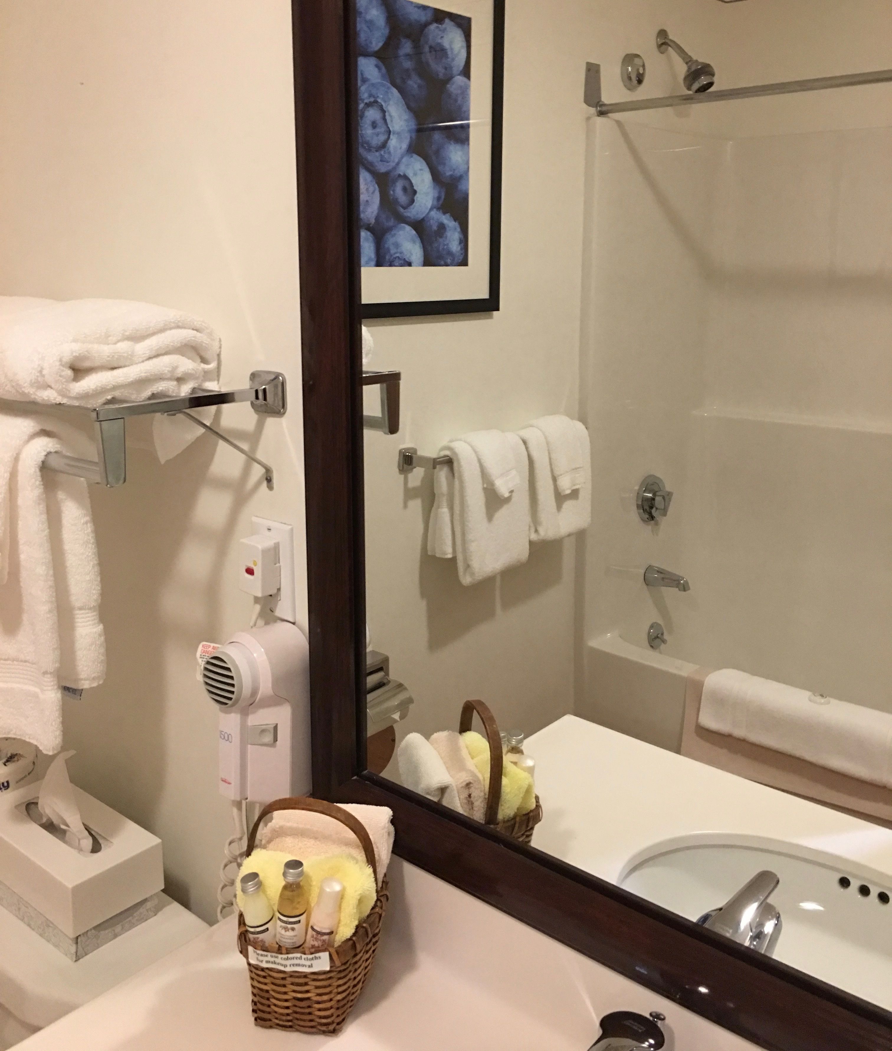 Ein Badezimmer mit Waschbecken, Spiegel, Handtuchhalter, Dusche und einem Korb mit Pflegeprodukten.