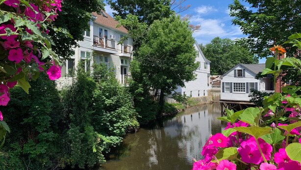 Uitzicht op een rivier met een wit huis, weelderige begroeiing en roze bloemen.