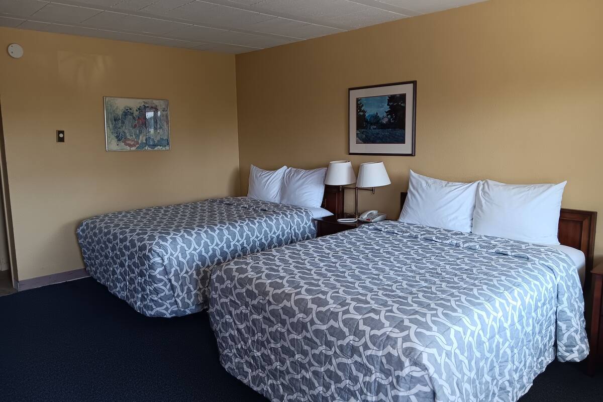 Habitación de hotel con dos camas, cada una con ropa de cama estampada, una mesita de noche con lámpara y dos cuadros enmarcados en la pared.